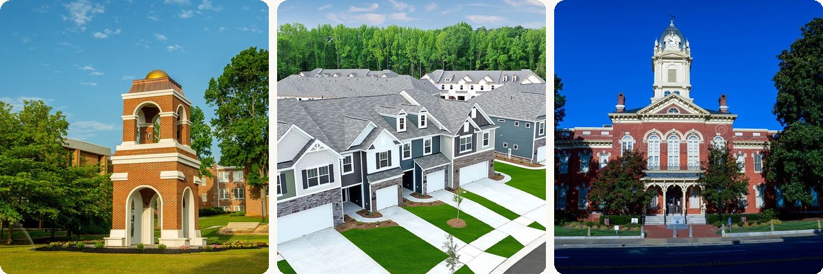 Real photos of Wingate bell tower, Canterbury Station homes, and Monroe courthouse